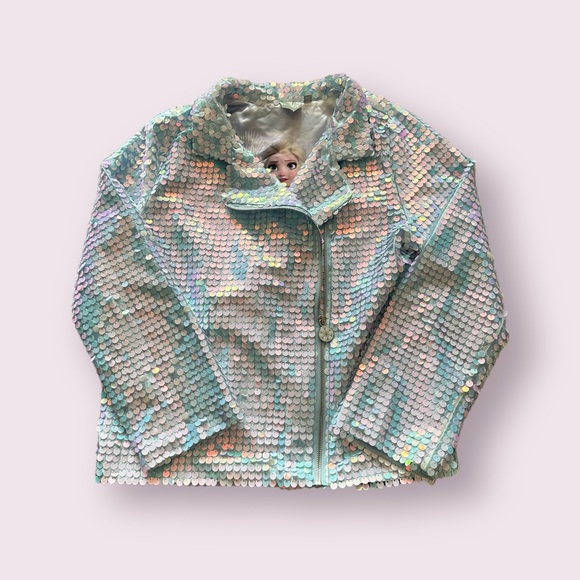 Girls Disney Frozen II All Over Large Sequin Sparkly Zip Up Jacket Elsa Lining - Picture 1 of 11